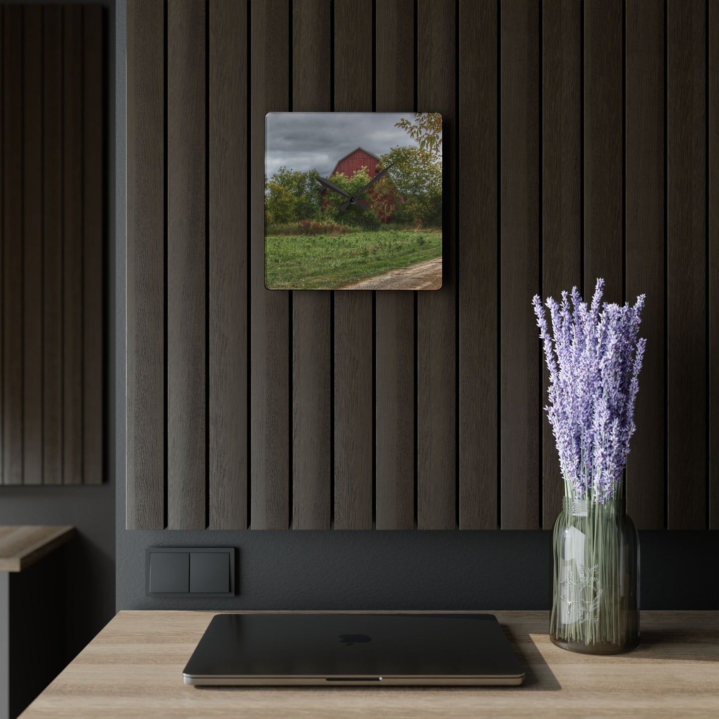 U R There Photography Bristol Road Hidden Red Rustic Farmhouse Acrylic Analog Wall Clock