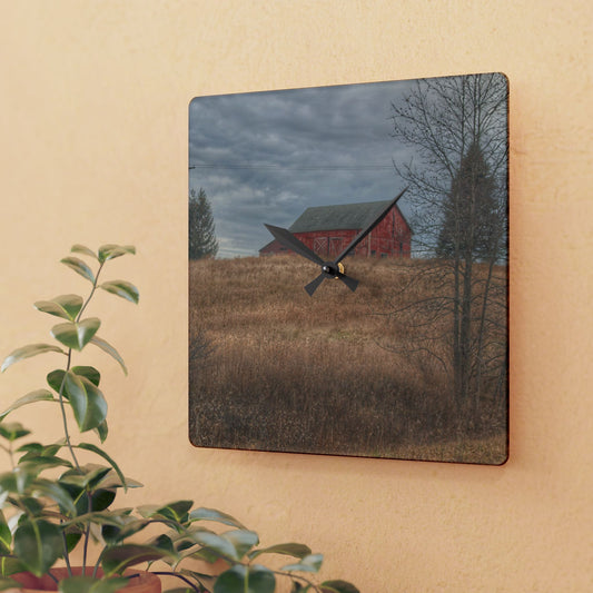 U R There Photography Grey Road Hillside Red I Rustic Farmhouse Acrylic Analog Wall Clock