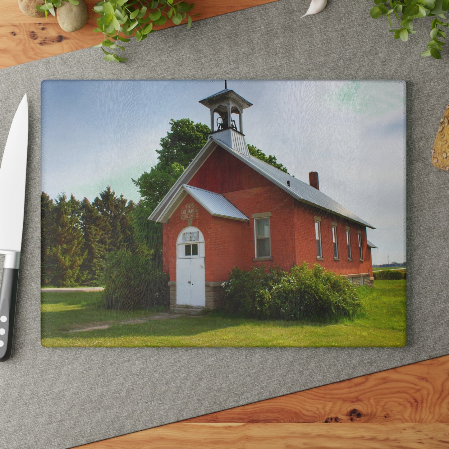 U R There Photography French Road Old Standard Schoolhouse I Rustic Farmhouse Tempered-Glass Cutting Board