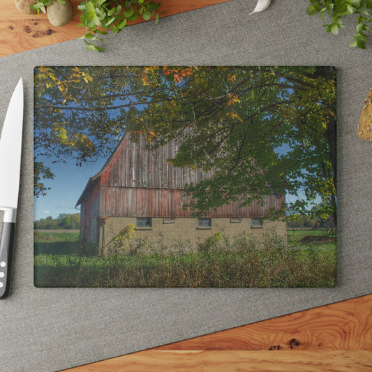 U R There Photography Byington Road Red I Rustic Farmhouse Tempered-Glass Cutting Board