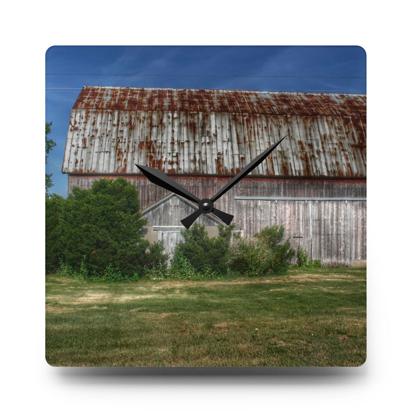 U R There Photography Barkley Road Red in Summer I Rustic Farmhouse Acrylic Analog Wall Clock