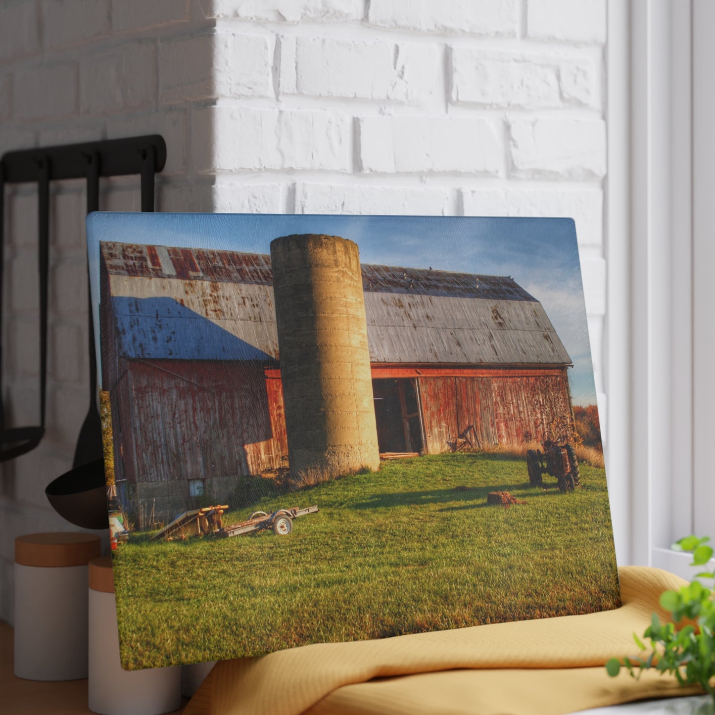 U R There Photography Peck Road Red and Silo Rustic Farmhouse Tempered-Glass Cutting Board 8"x 11"