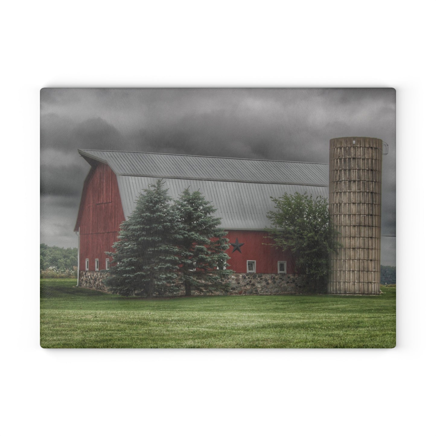 U R There Photography Clifford Road Red and Silo I Rustic Farmhouse Tempered-Glass Cutting Board