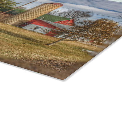U R There Photography Newark Road Red and Silos I Rustic Farmhouse Tempered-Glass Cutting Board