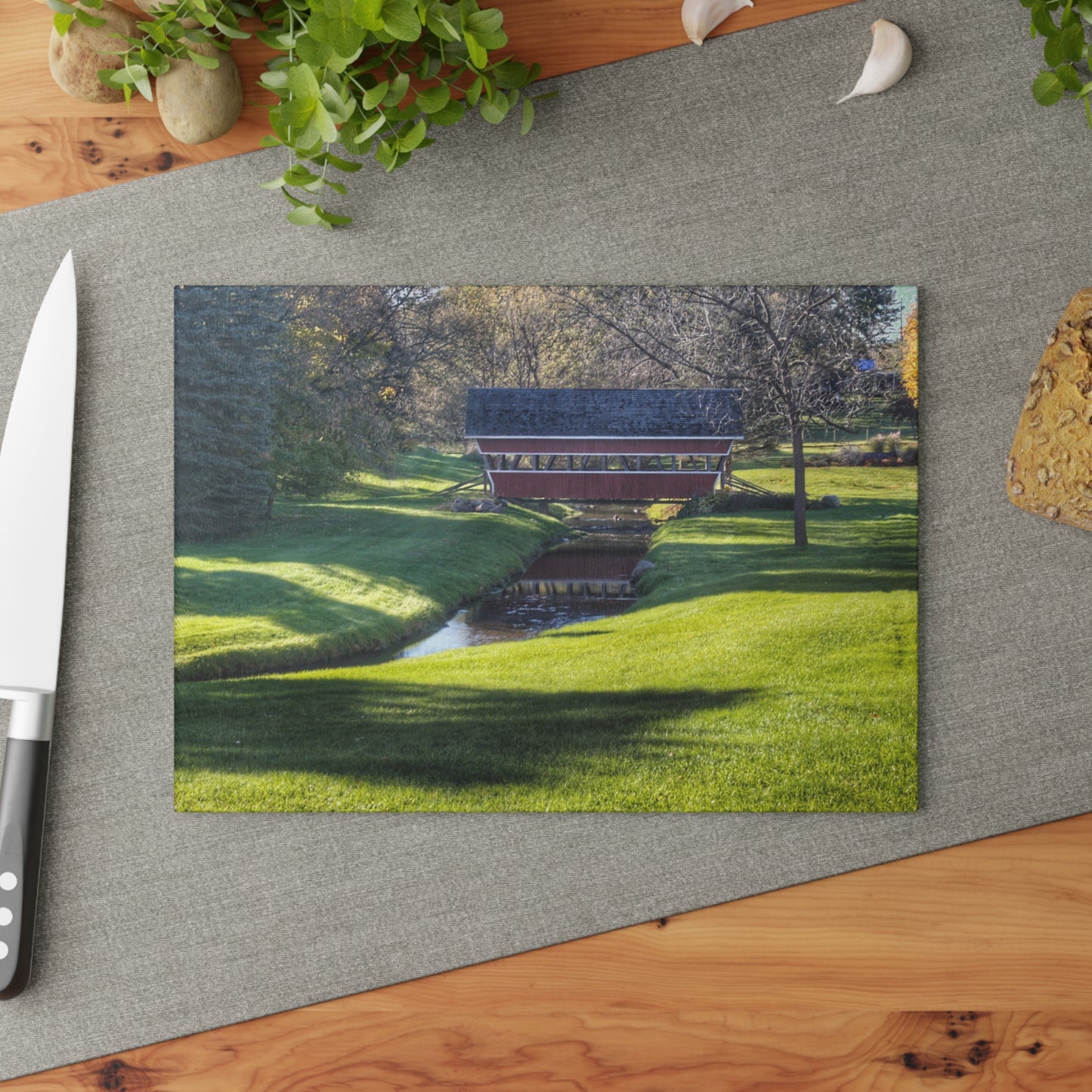 U R There Photography Hadley Covered Bridge I Rustic Farmhouse Tempered-Glass Cutting Board