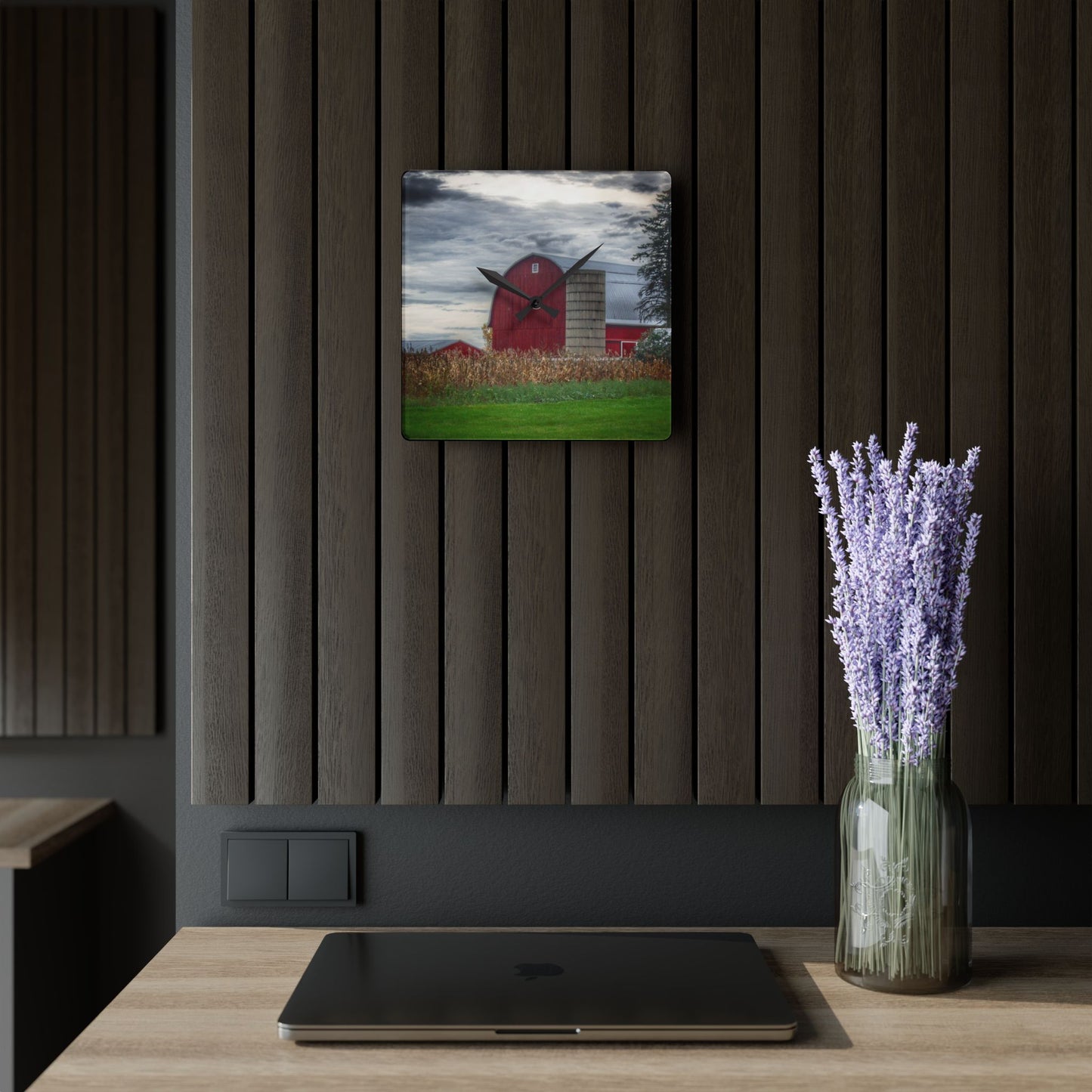 U R There Photography Haines Roadside Red and Silo Rustic Farmhouse Acrylic Analog Wall Clock