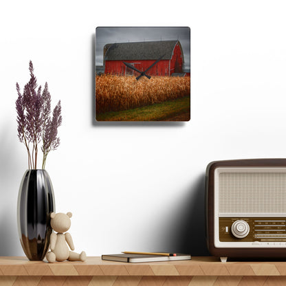 U R There Photography Slattery Road Cornfield Red Rustic Farmhouse Acrylic Analog Wall Clock