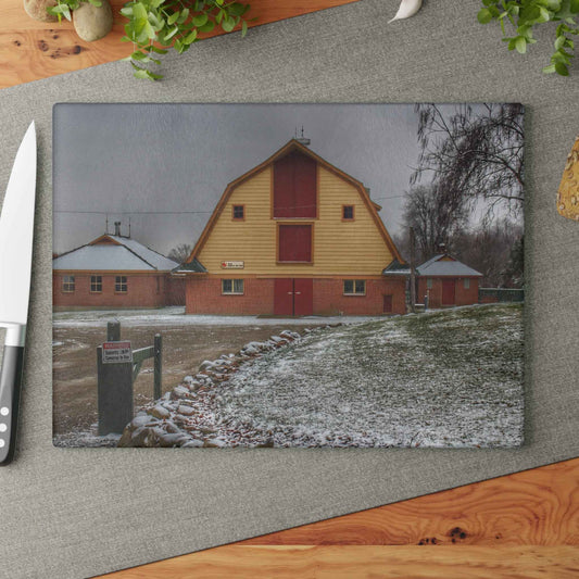Rustic Farmhouse Cutting Board Featuring Yellow Barn of Bordman