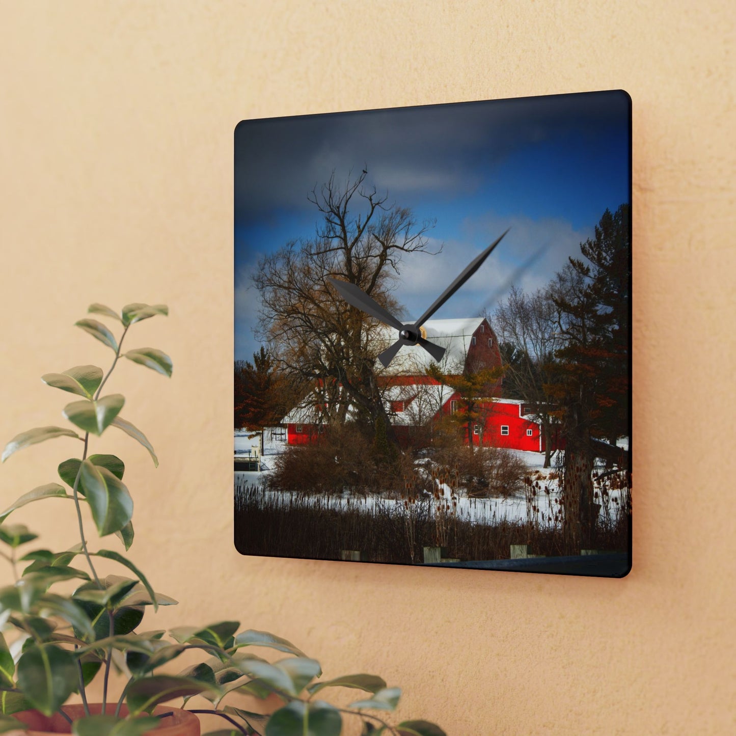 U R There Photography Hadley Road Hidden Red in Winter Rustic Farmhouse Acrylic Analog Wall Clock