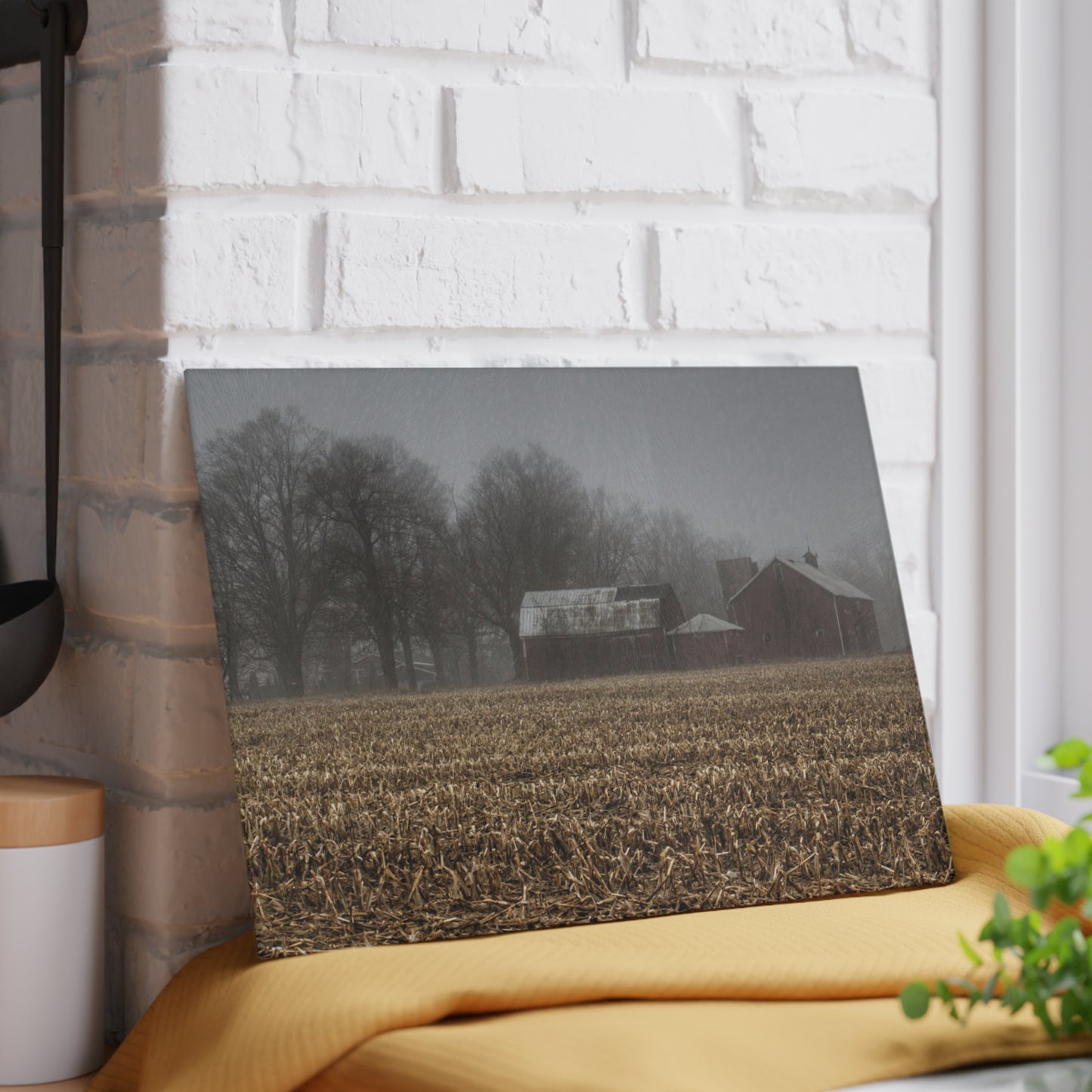 U R There Photography Farm in the Fog on Barnes Road Rustic Farmhouse Tempered-Glass Cutting Board