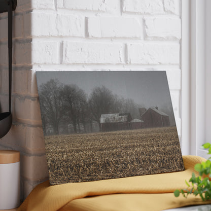 U R There Photography Farm in the Fog on Barnes Road Rustic Farmhouse Tempered-Glass Cutting Board