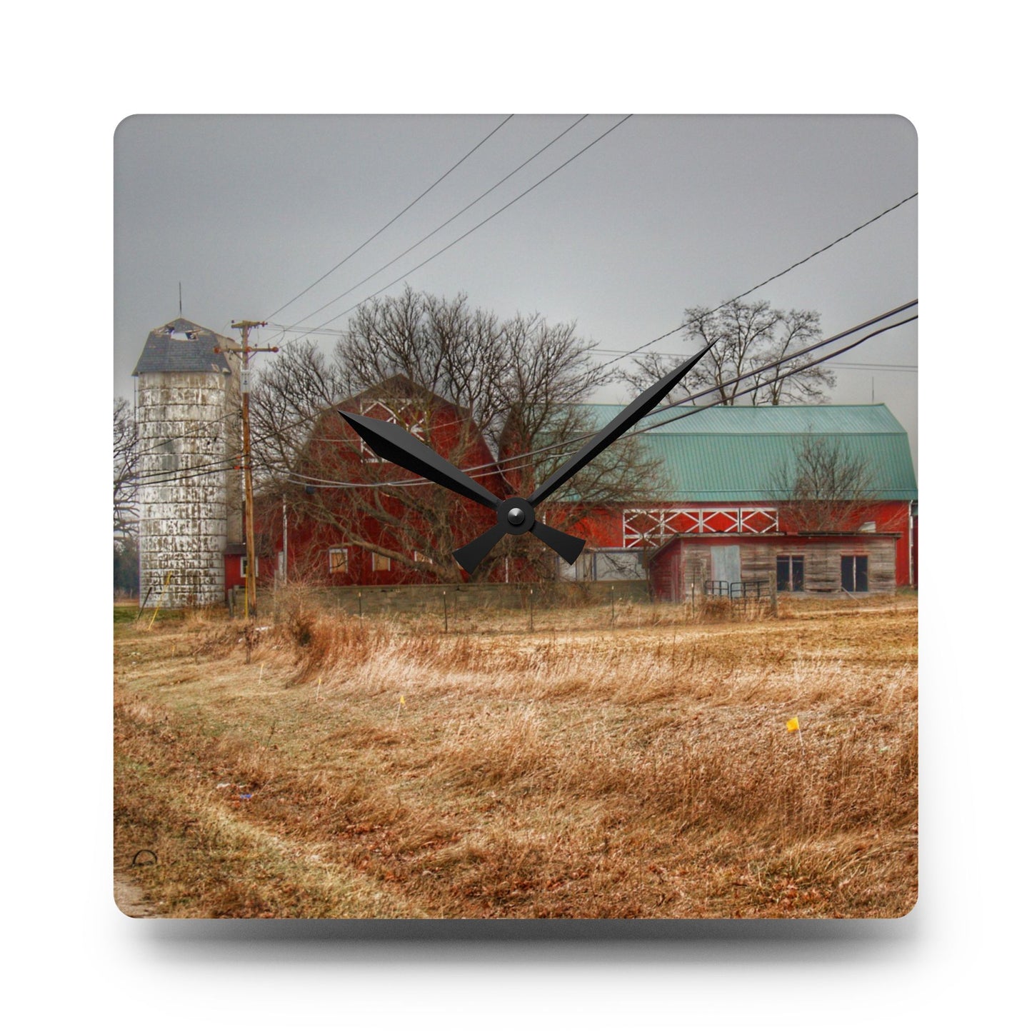 U R There Photography Mound Road Reds and Silo Rustic Farmhouse Acrylic Analog Wall Clock