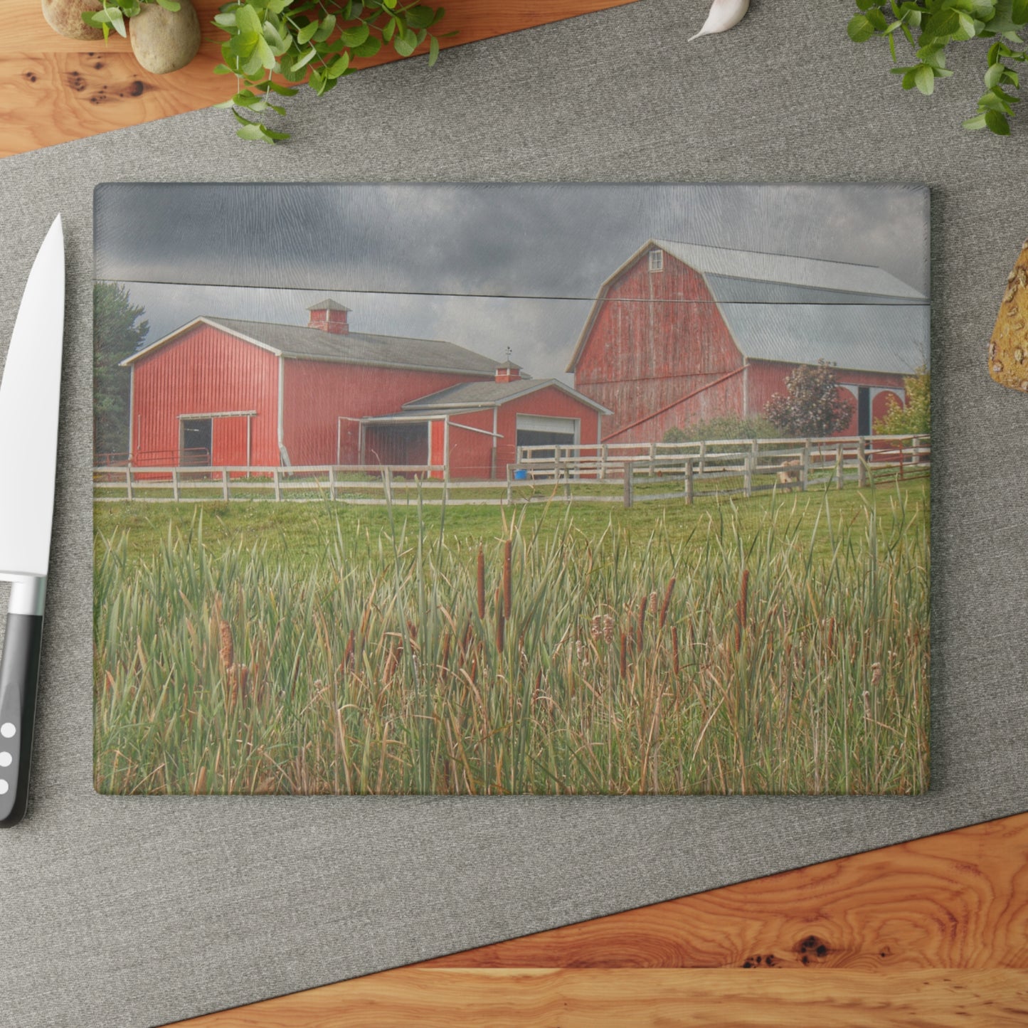 U R There Photography Greenwood Reds Rustic Farmhouse Tempered-Glass Cutting Board