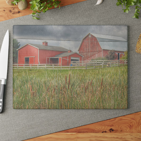 U R There Photography Greenwood Reds Rustic Farmhouse Tempered-Glass Cutting Board