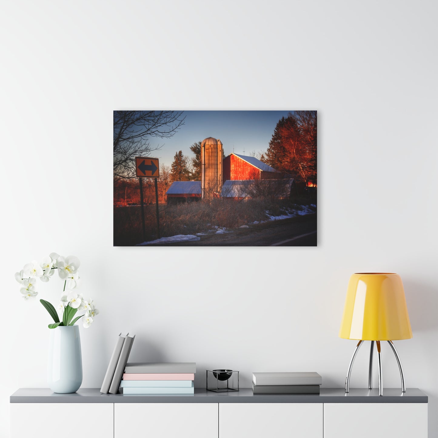 U R There Photography Mount Morris Road Reds and Silo in Winter Rustic Farmhouse Acrylic Wall Print