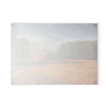 U R There Photography Red Barn on Golden Field Rustic Farmhouse Tempered-Glass Cutting Board