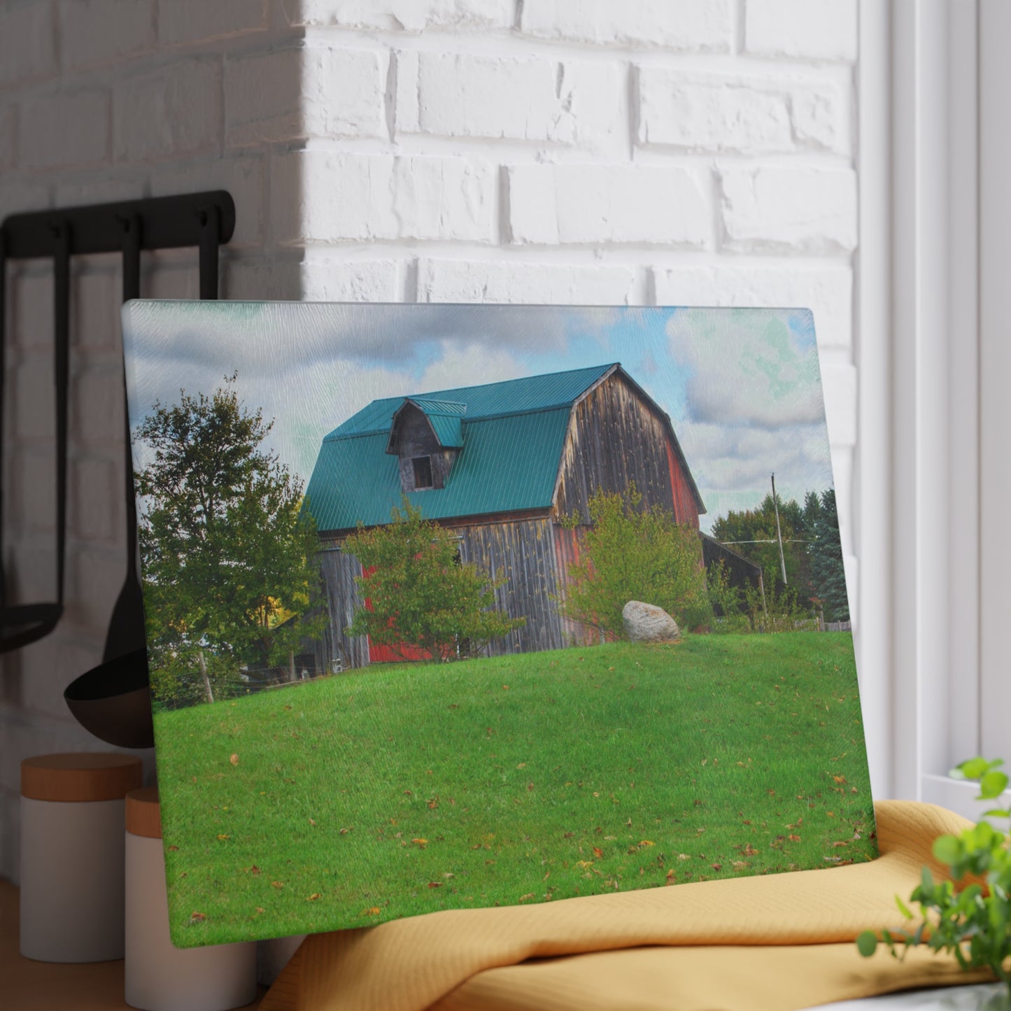 U R There Photography Frances Road Old Red II Rustic Farmhouse Tempered-Glass Cutting Board