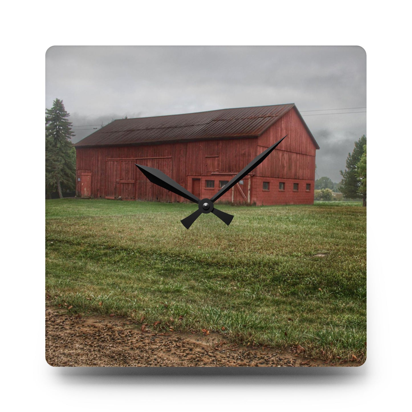 U R There Photography Birch Road Red Rustic Farmhouse Acrylic Analog Wall Clock
