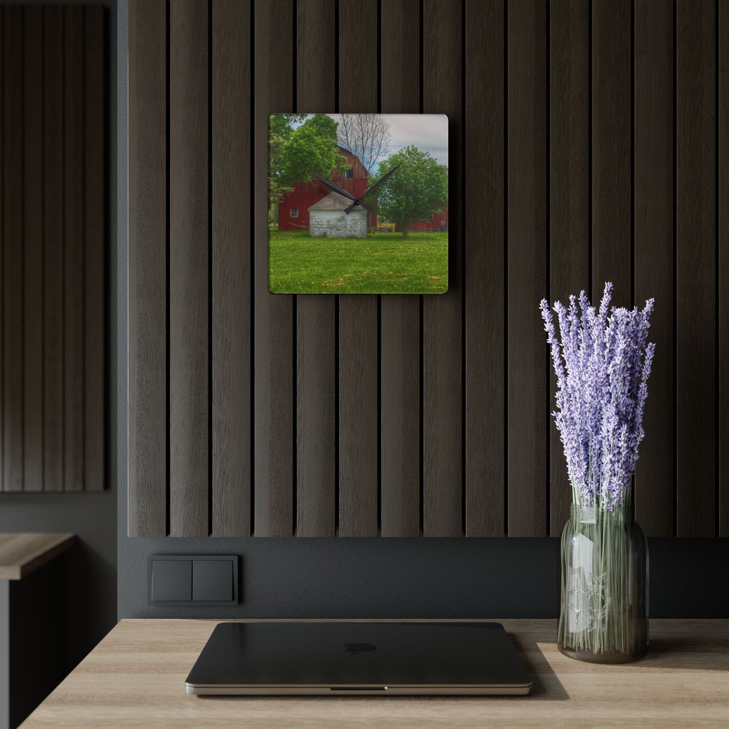 U R There Photography Roods Lake Road Red I Rustic Farmhouse Acrylic Analog Wall Clock