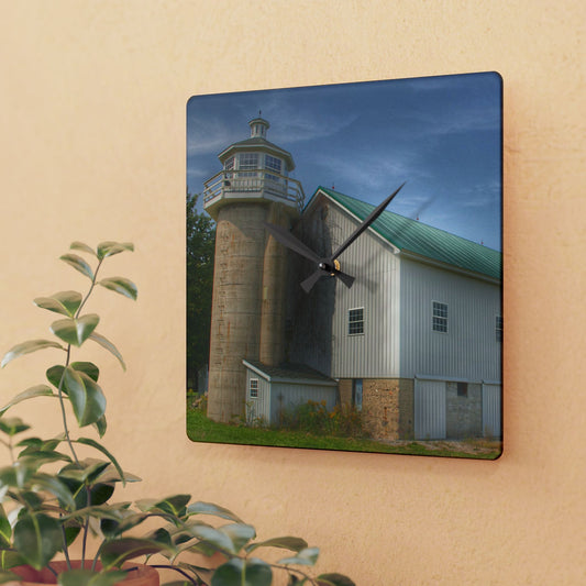 U R There Photography Phelps Road Lighthouse Barn I Rustic Farmhouse Acrylic Analog Wall Clock