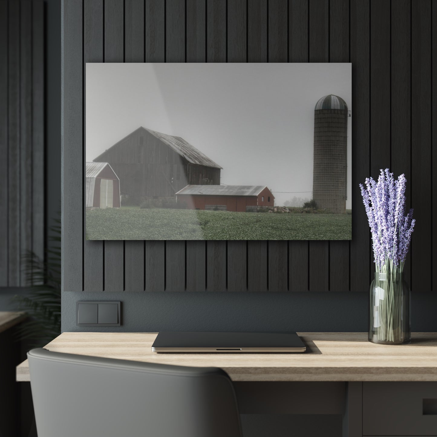 U R There Photography Farm in the Fog Rustic Farmhouse Acrylic Wall Print