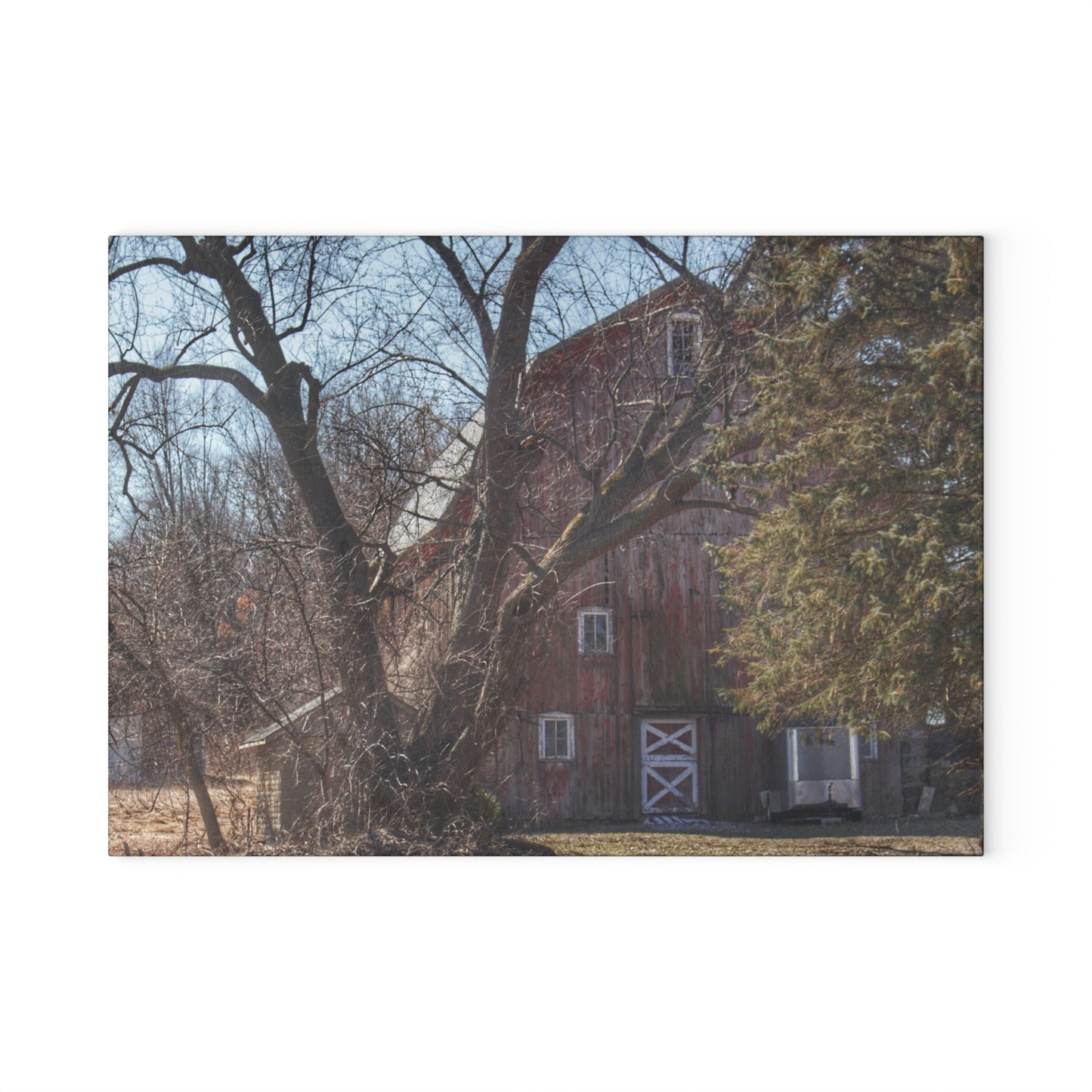 U R There Photography Lakeville Road Hidden Red Rustic Farmhouse Tempered-Glass Cutting Board
