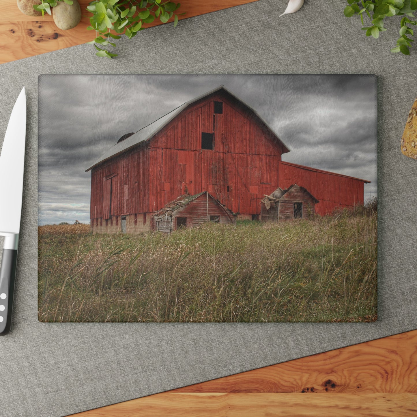 U R There Photography Horton Hilltop Red I Rustic Farmhouse Tempered-Glass Cutting Board 11" x 15" Rectangle
