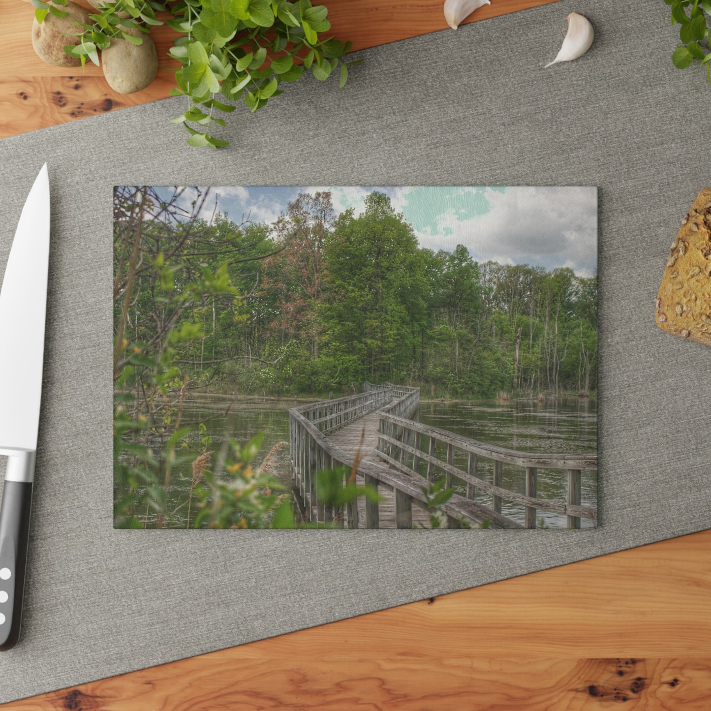 U R There Photography Linear Park Bridge in Lapeer I Rustic Farmhouse Tempered-Glass Cutting Board