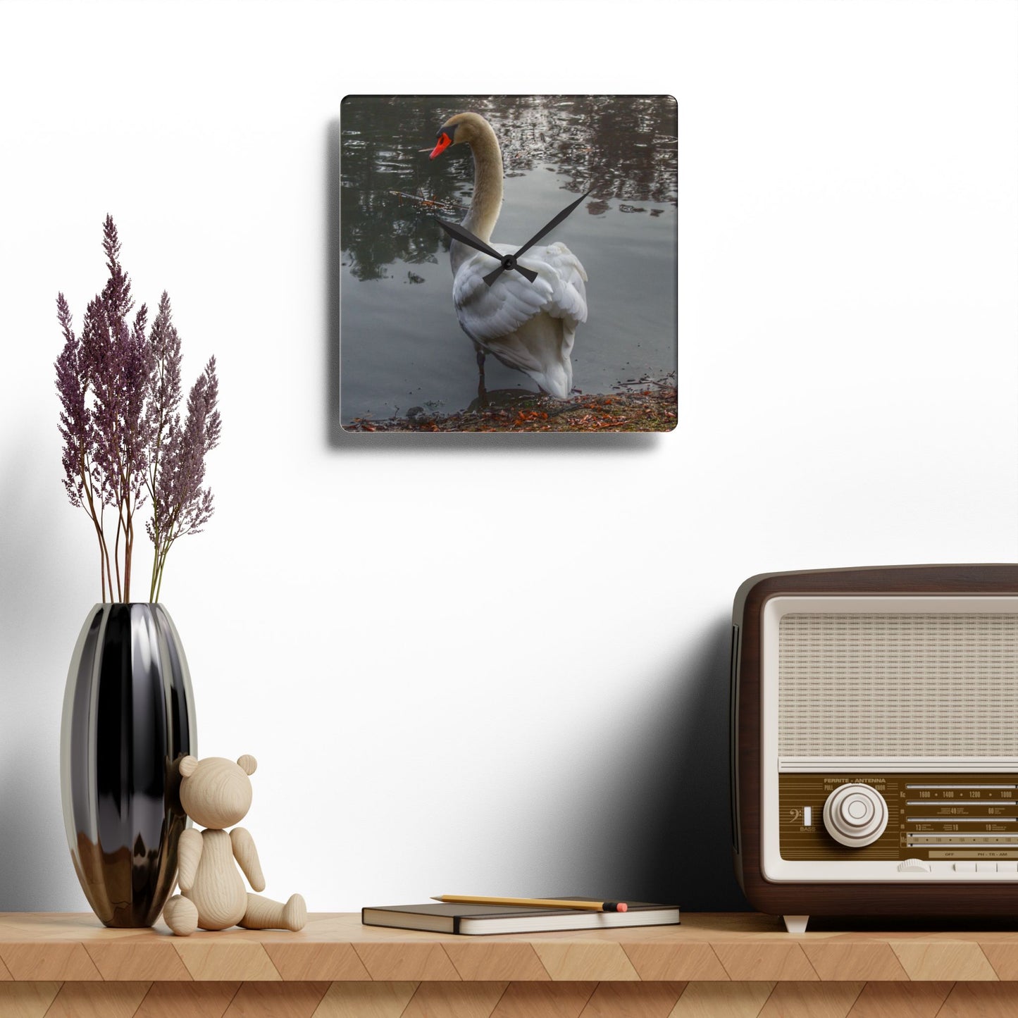 U R There Photography Swans of Duck Lake III Rustic Farmhouse Acrylic Analog Wall Clock
