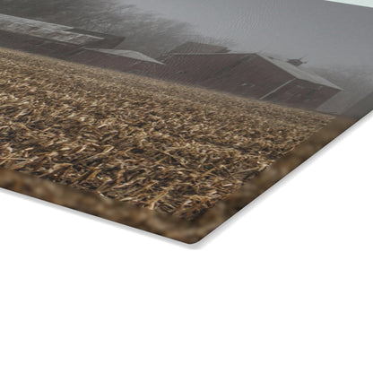 U R There Photography Farm in the Fog on Barnes Road Rustic Farmhouse Tempered-Glass Cutting Board