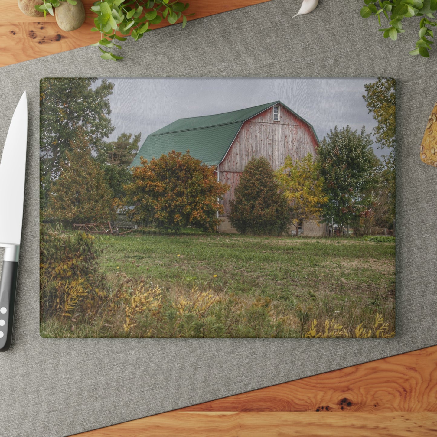 U R There Photography Elmwood Road Red II Rustic Farmhouse Tempered-Glass Cutting Board