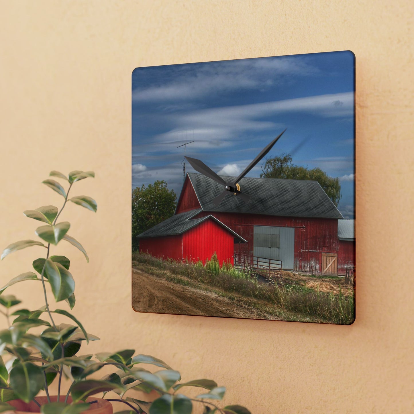 U R There Photography Wheeling Road Horse Barn Rustic Farmhouse Acrylic Analog Wall Clock