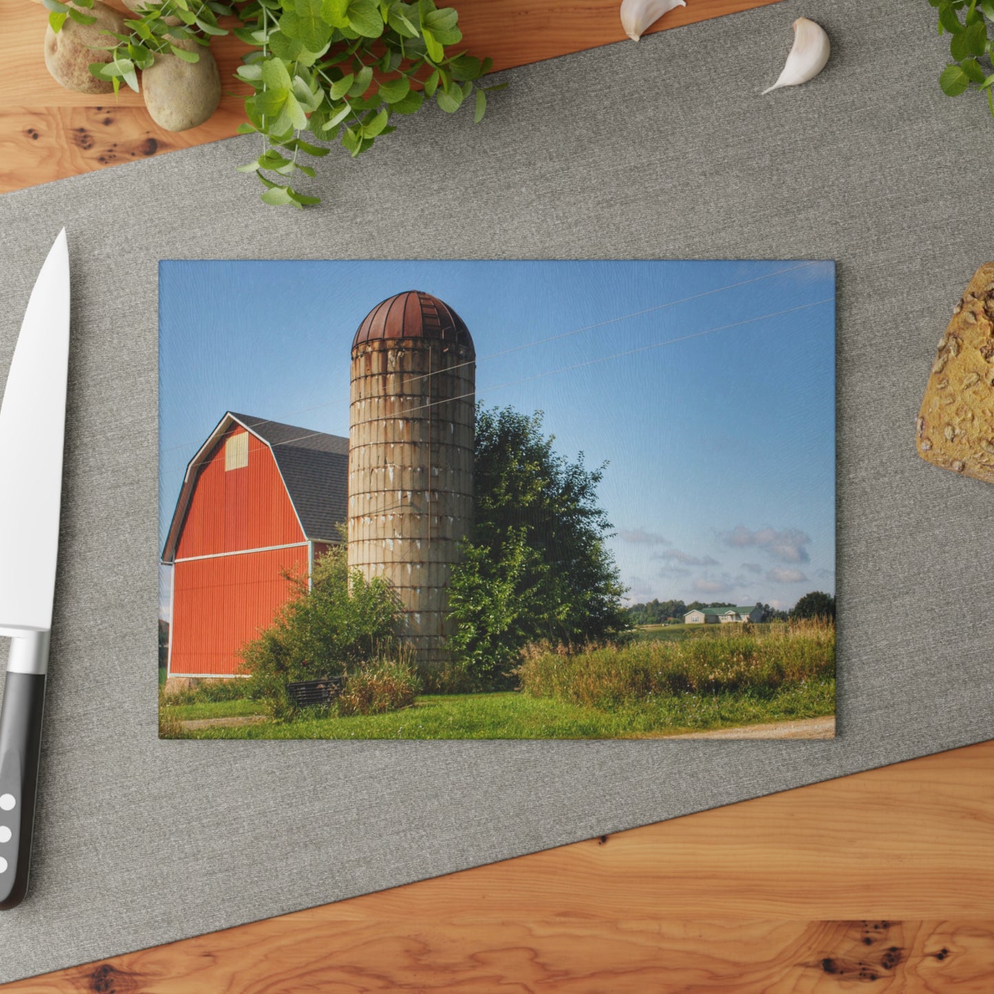 U R There Photography August Red and Silo Rustic Farmhouse Tempered-Glass Cutting Board