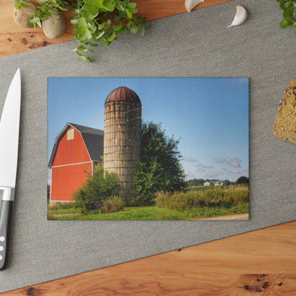 U R There Photography August Red and Silo Rustic Farmhouse Tempered-Glass Cutting Board