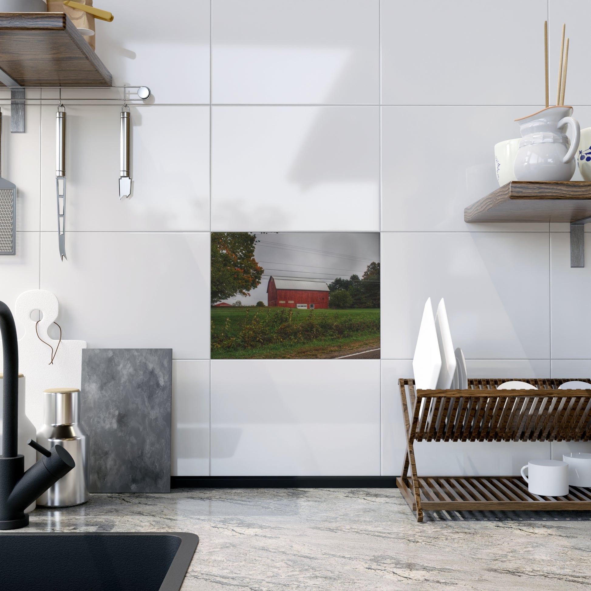 U R There Photography Bronson Lake Road Red Rustic Farmhouse Decorative Ceramic Tile 6" × 8" Glossy