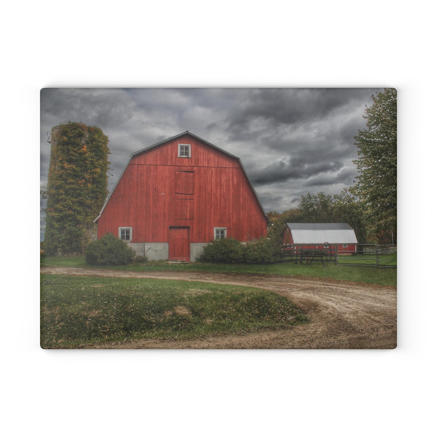 U R There Photography Horton Road Red and Silo Rustic Farmhouse Tempered-Glass Cutting Board