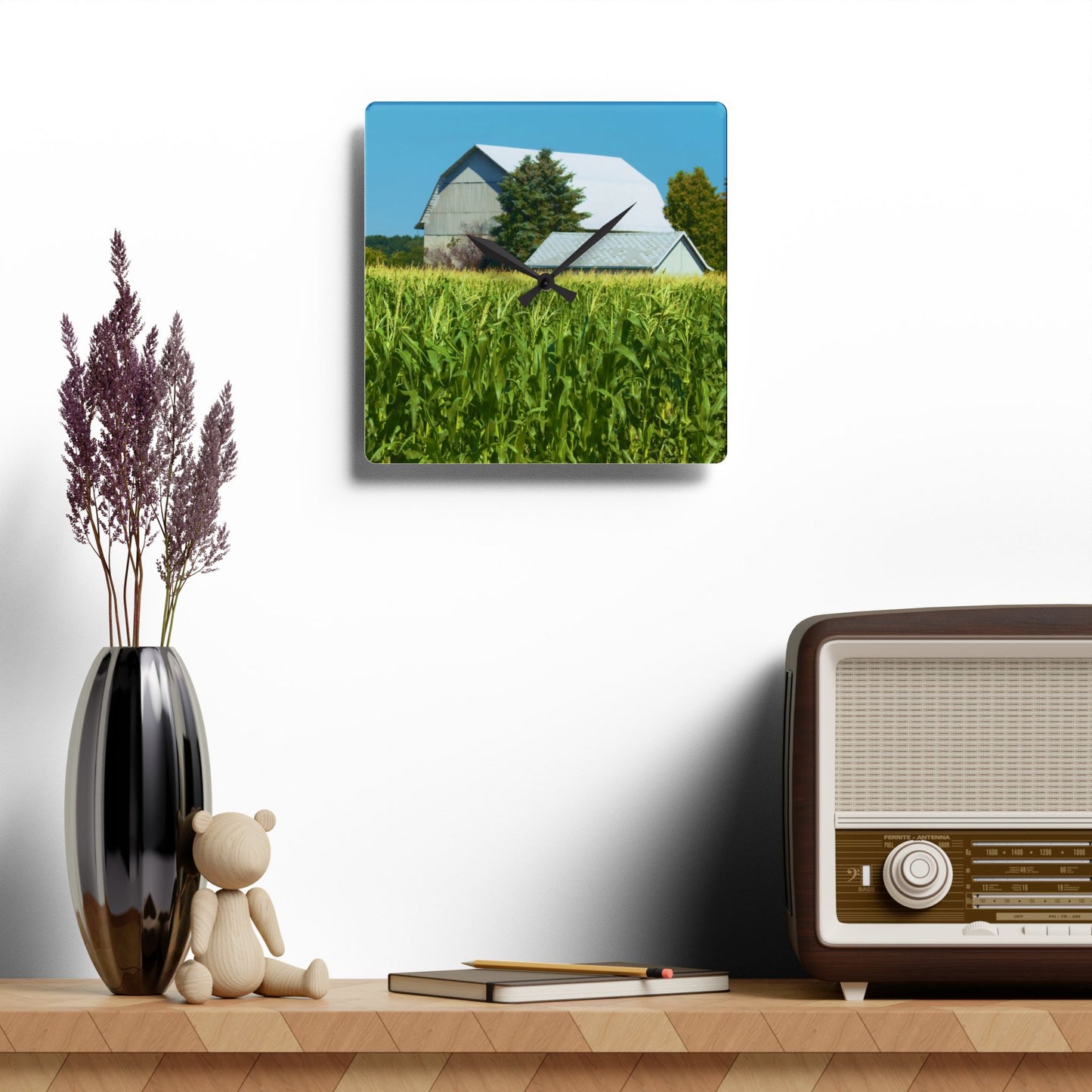U R There Photography White Cornfield Barn Rustic Farmhouse Acrylic Analog Wall Clock