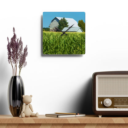 U R There Photography White Cornfield Barn Rustic Farmhouse Acrylic Analog Wall Clock