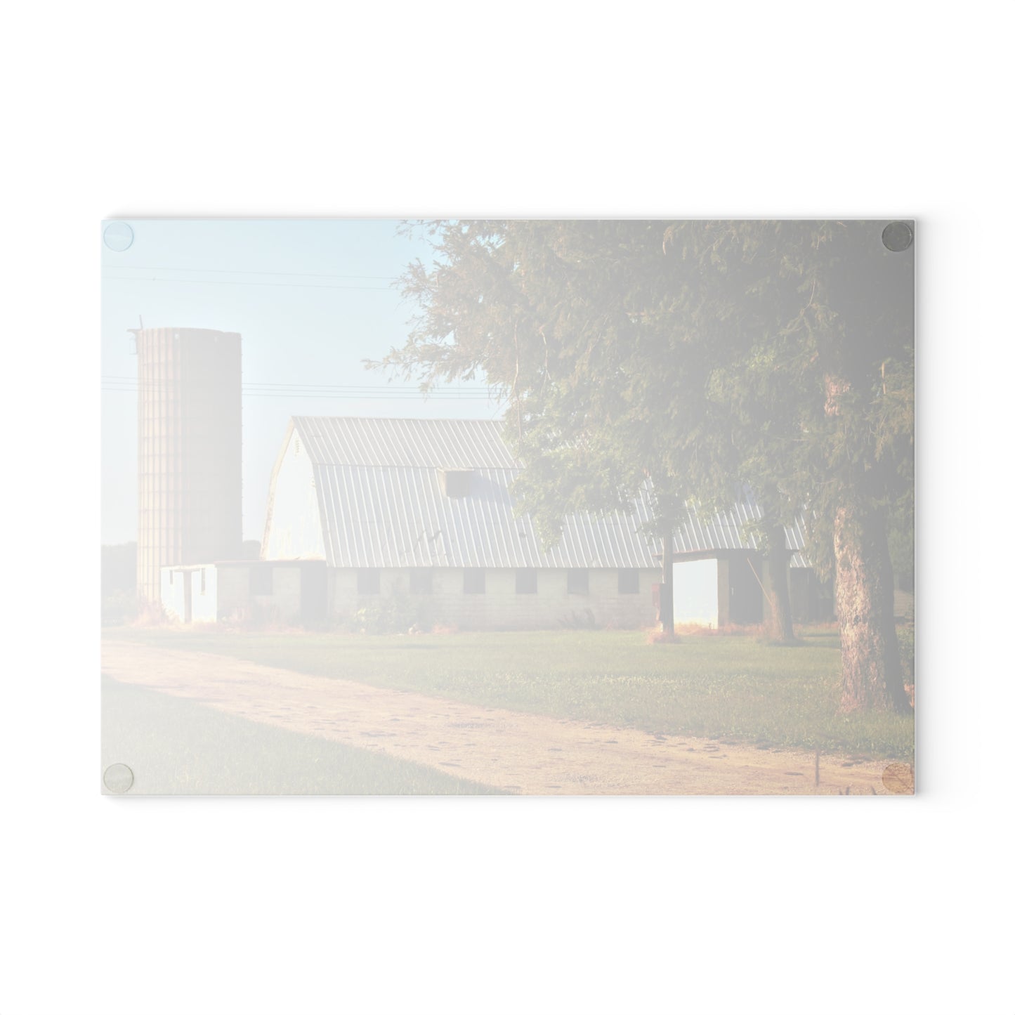 U R There Photography White Barn and Silo Rustic Farmhouse Tempered-Glass Cutting Board