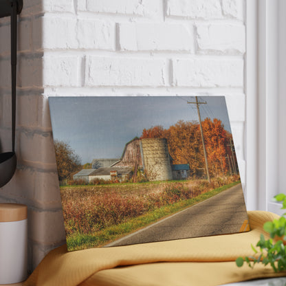 U R There Photography Plumb Creek Road Red in Fall II Rustic Farmhouse Tempered-Glass Cutting Board