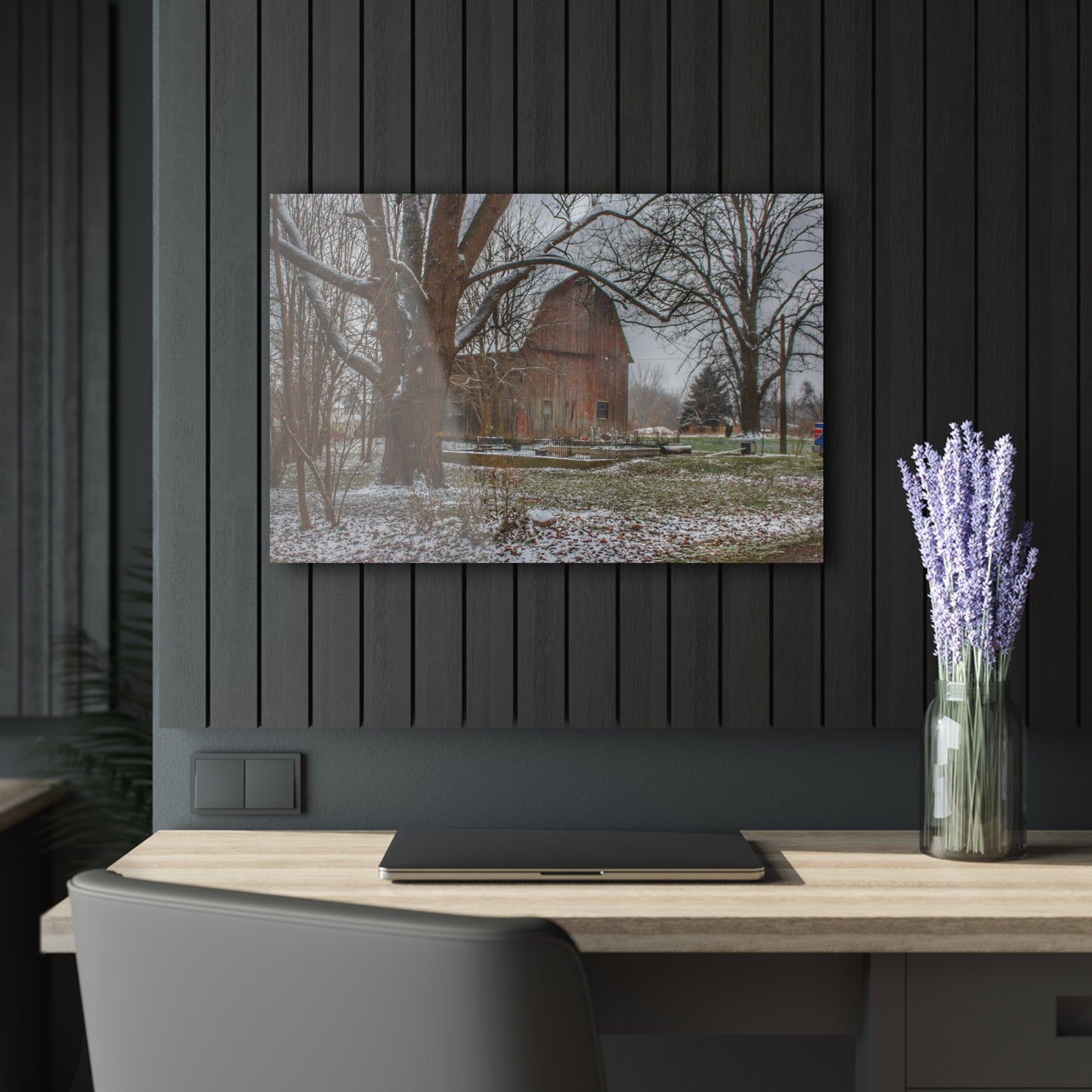 U R There Photography Bishop Road Winter Red Rustic Farmhouse Acrylic Wall Print