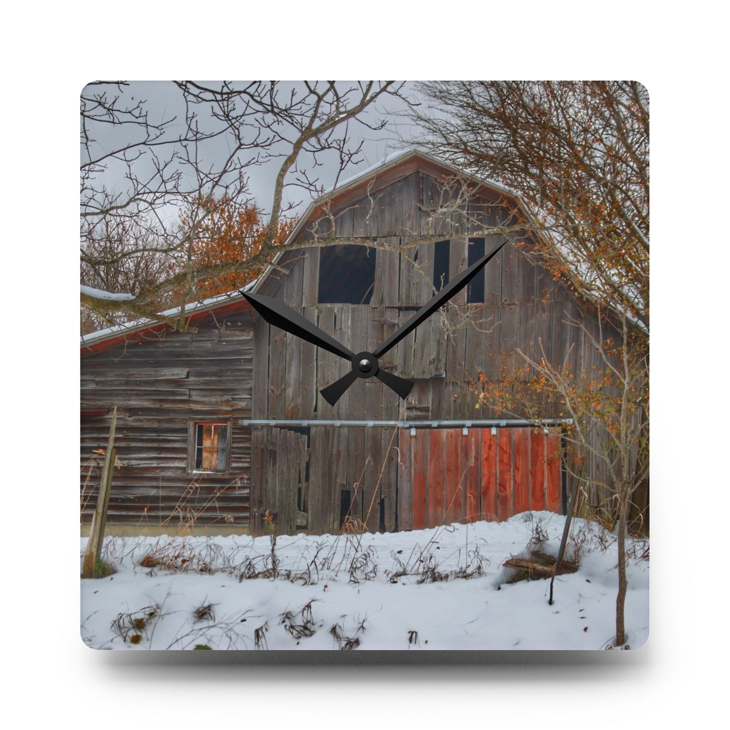 U R There Photography Hayes Road Grey in Winter I Rustic Farmhouse Acrylic Analog Wall Clock