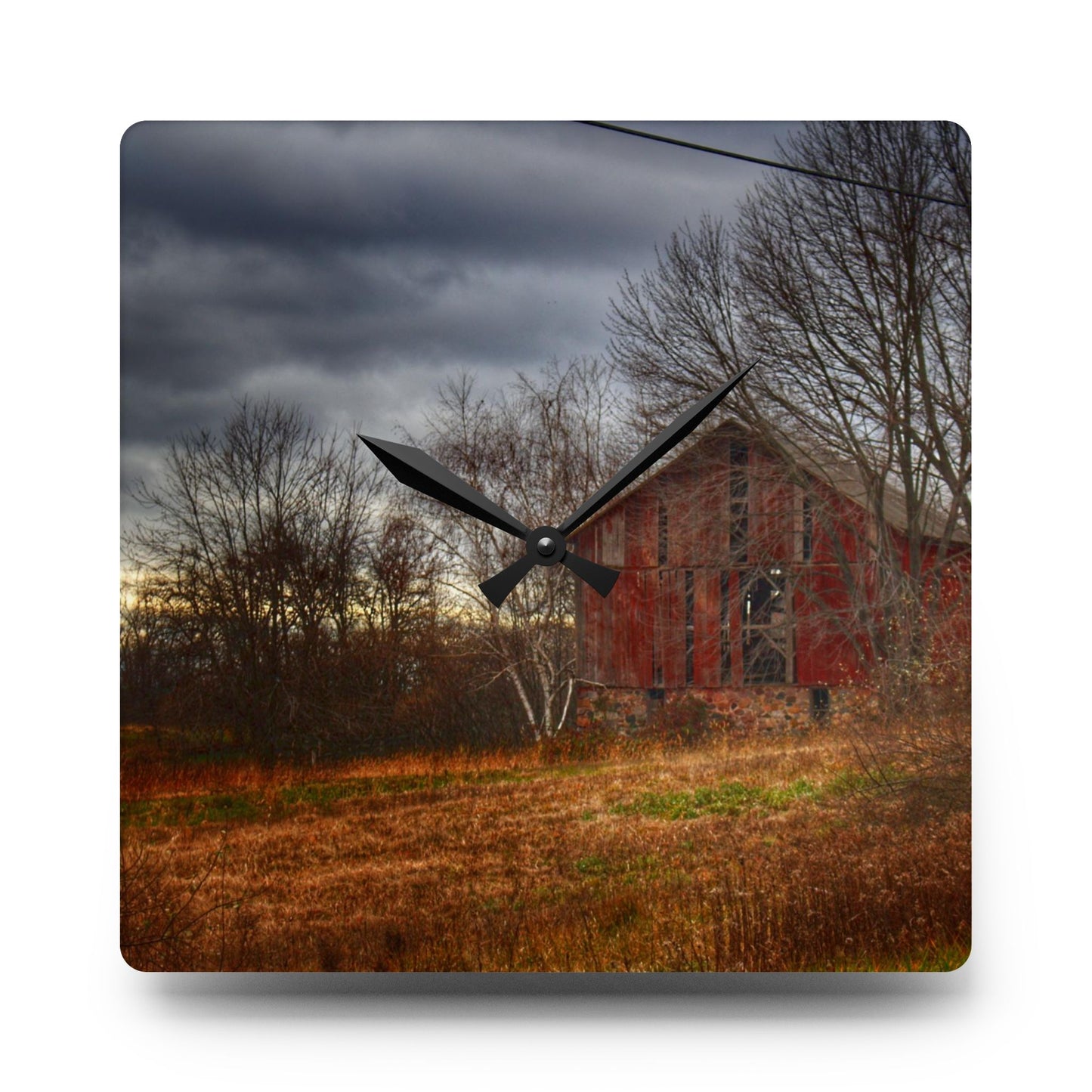 U R There Photography December Fieldstone Red Rustic Farmhouse Acrylic Analog Wall Clock