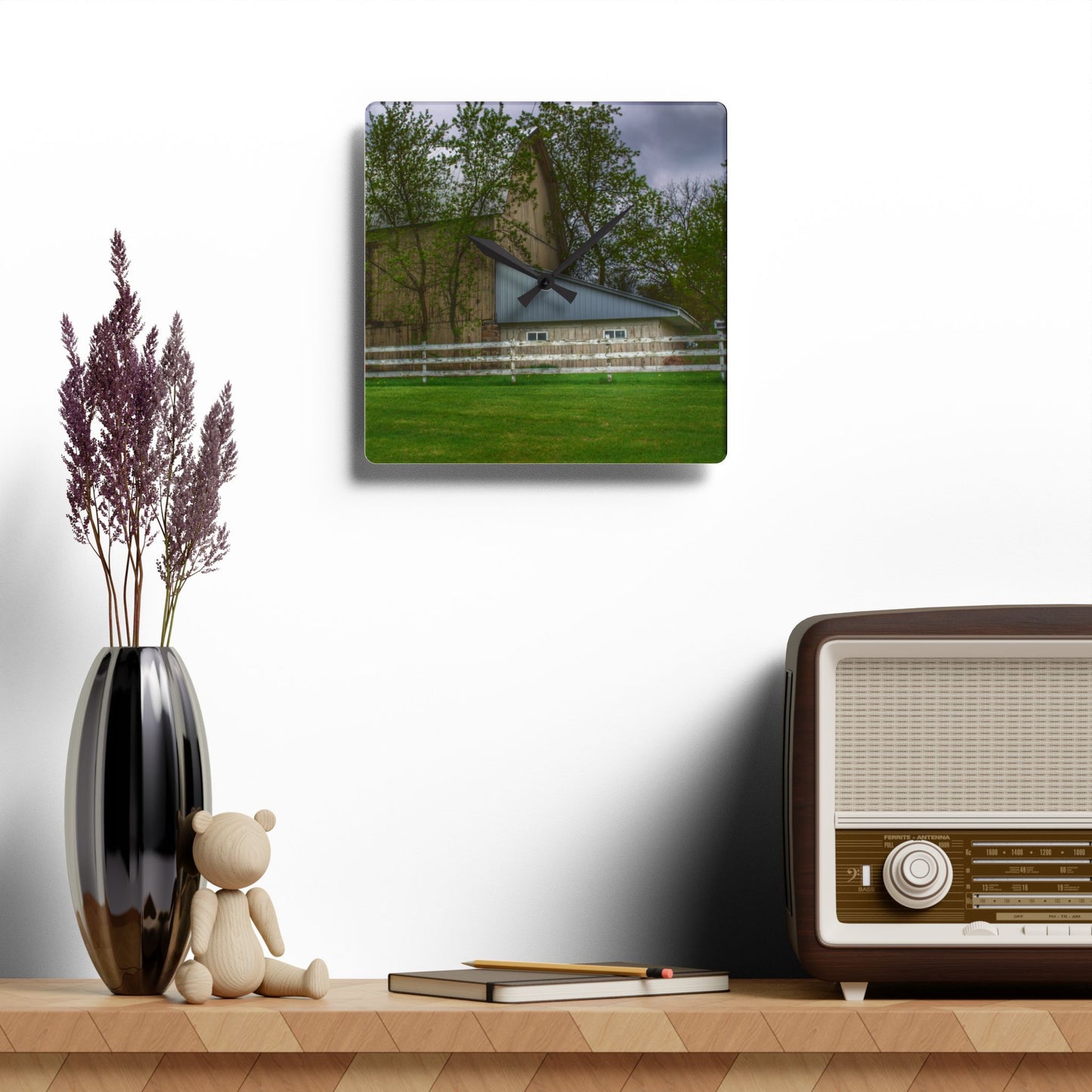 U R There Photography Grange Hall Road Whitewash Grey Rustic Farmhouse Acrylic Analog Wall Clock