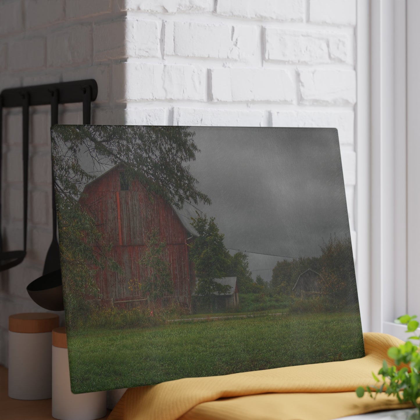U R There Photography Columbiaville Red and Little Grey Rustic Farmhouse Tempered-Glass Cutting Board