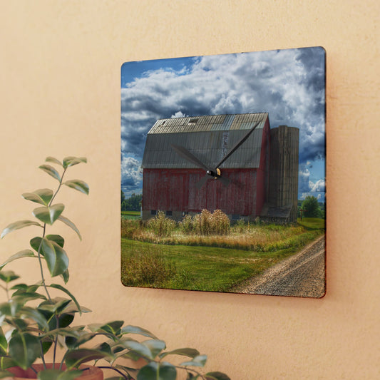 U R There Photography Haines Road Red Rustic Farmhouse Acrylic Analog Wall Clock