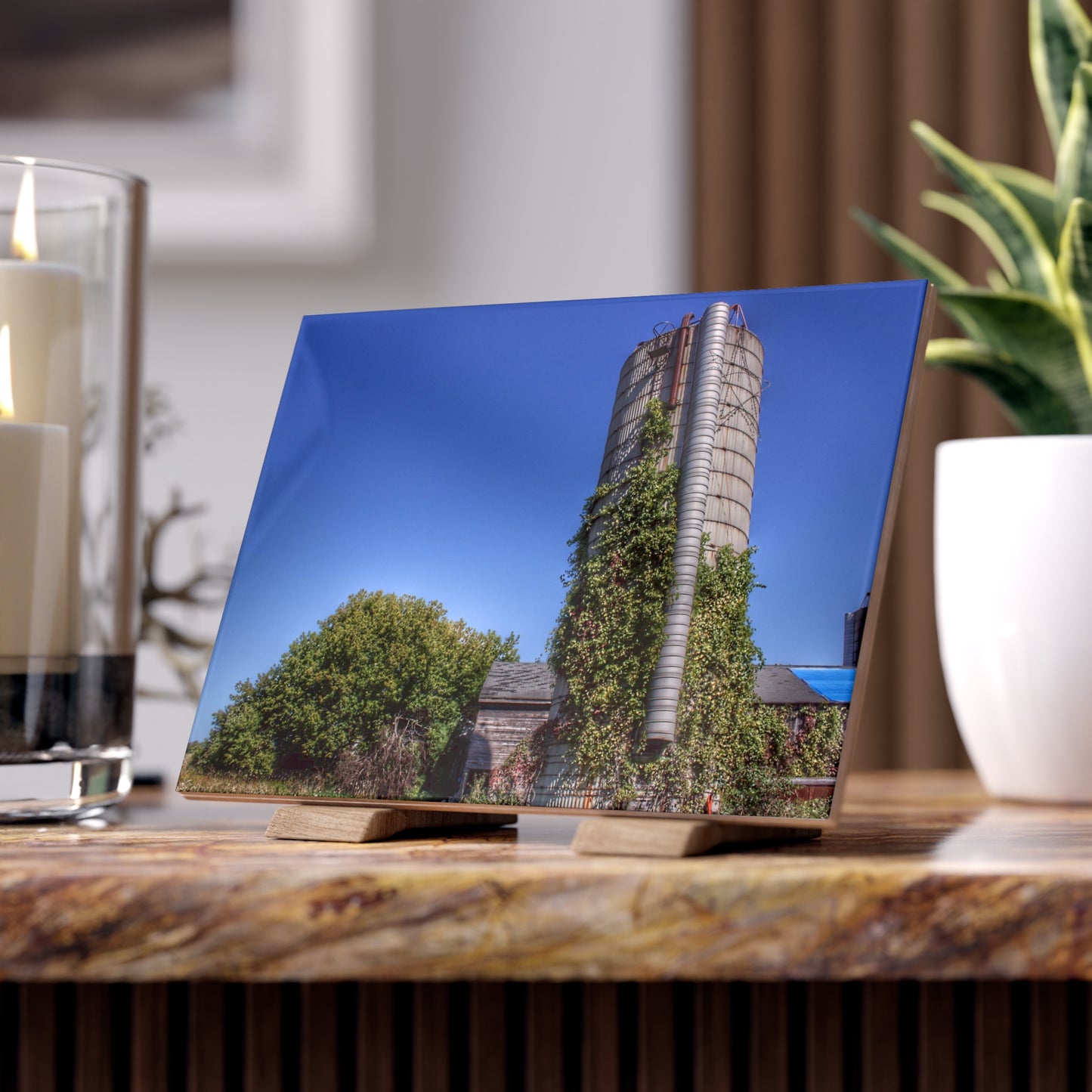 U R There Photography Bordman Road Old Grey and Silo I Rustic Farmhouse Decorative Ceramic Tile