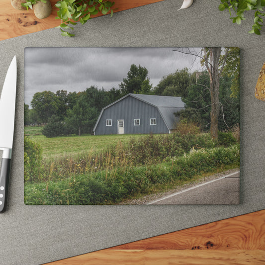 U R There Photography Hinson Road Grey Quonset Rustic Farmhouse Tempered-Glass Cutting Board