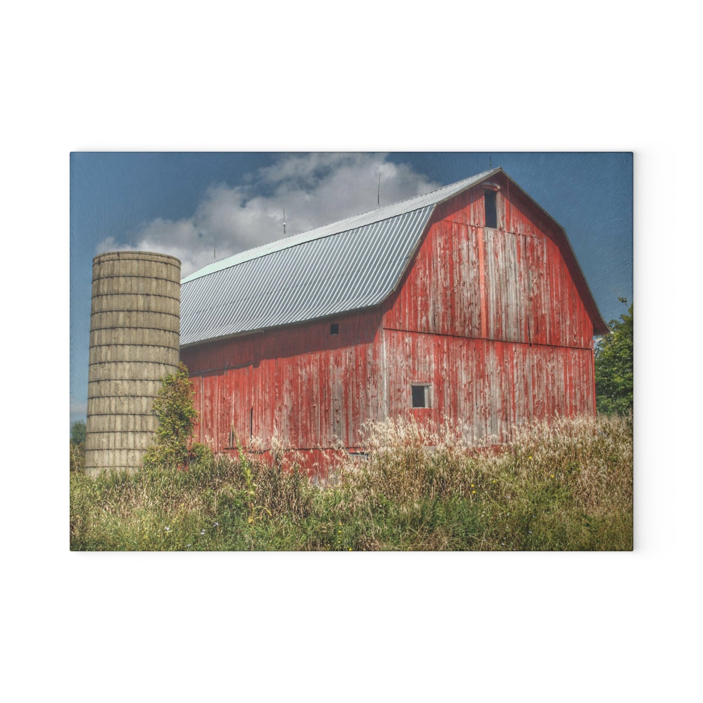 Barn Boutique Rustic Tempered-Glass Cutting Board| Columbiaville Red in Summer I