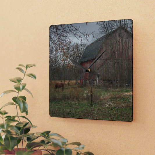 U R There Photography Blair Road Barn and Horse Rustic Farmhouse Acrylic Analog Wall Clock